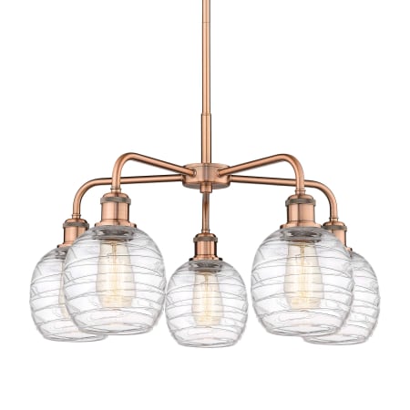 A large image of the Innovations Lighting 516-5CR-15-24 Belfast Chandelier Antique Copper / Deco Swirl