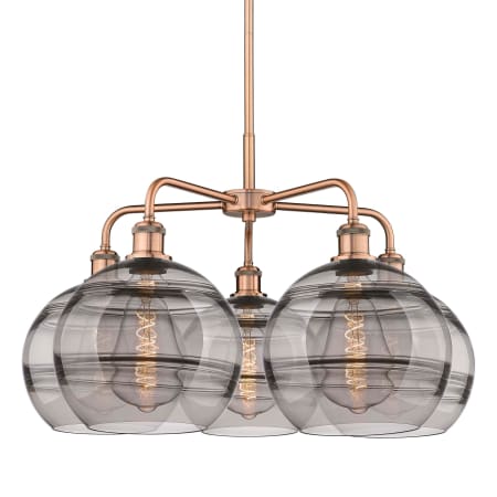 A large image of the Innovations Lighting 516-5CR-18-28 Rochester Chandelier Antique Copper / Light Smoke