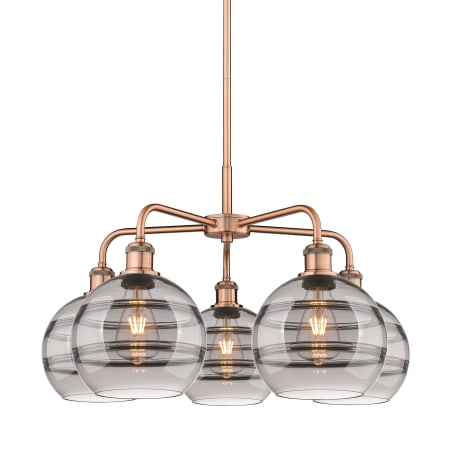 A large image of the Innovations Lighting 516-5CR-16-26 Rochester Chandelier Antique Copper / Light Smoke