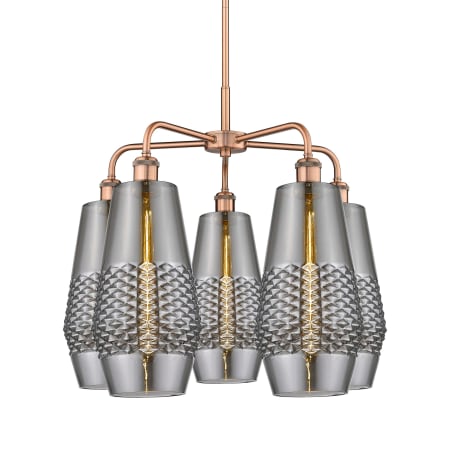 A large image of the Innovations Lighting 516-5CR-22-25 Windham Chandelier Antique Copper / Smoked