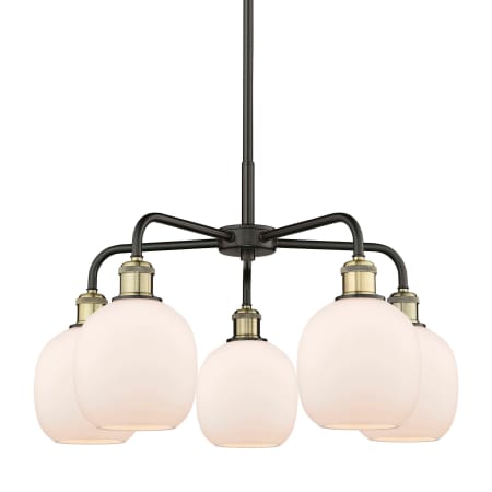 A large image of the Innovations Lighting 516-5CR-15-24 Belfast Chandelier Black Antique Brass / Matte White