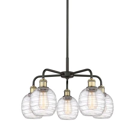 A large image of the Innovations Lighting 516-5CR-15-24 Belfast Chandelier Black Antique Brass / Deco Swirl