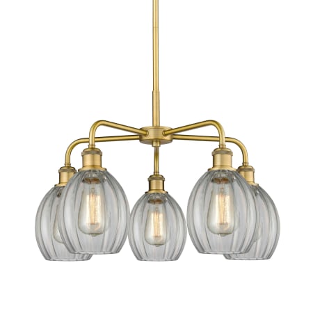 A large image of the Innovations Lighting 516-5CR-16-24 Eaton Chandelier Brushed Brass / Clear