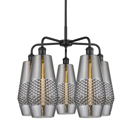 A large image of the Innovations Lighting 516-5CR-22-25 Windham Chandelier Matte Black / Smoked