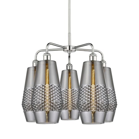 A large image of the Innovations Lighting 516-5CR-22-25 Windham Chandelier Polished Chrome / Smoked