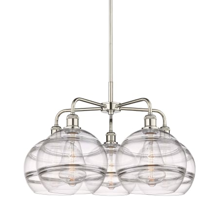 A large image of the Innovations Lighting 516-5CR-18-28 Rochester Chandelier Polished Nickel / Clear