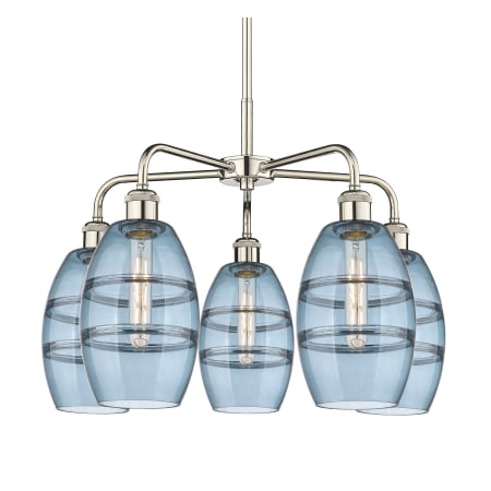 A large image of the Innovations Lighting 516-5CR-14-24 Vaz Chandelier Polished Nickel / Blue