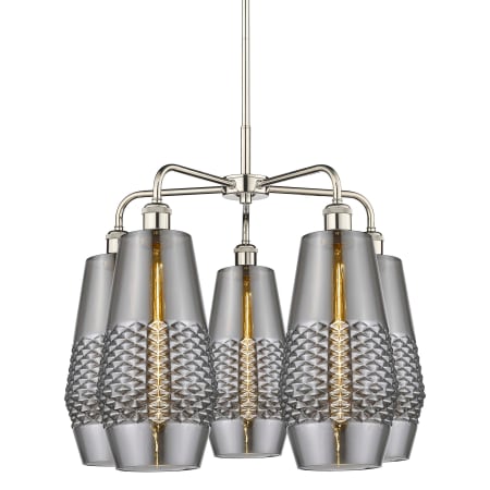 A large image of the Innovations Lighting 516-5CR-22-25 Windham Chandelier Polished Nickel / Smoked