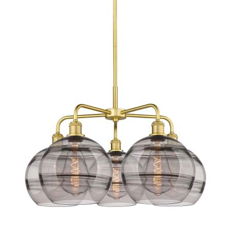 A large image of the Innovations Lighting 516-5CR-18-28 Rochester Chandelier Satin Gold / Light Smoke