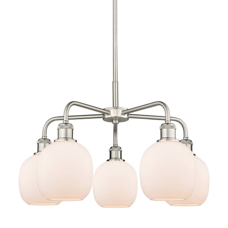 A large image of the Innovations Lighting 516-5CR-15-24 Belfast Chandelier Satin Nickel / Matte White