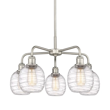 A large image of the Innovations Lighting 516-5CR-15-24 Belfast Chandelier Satin Nickel / Deco Swirl