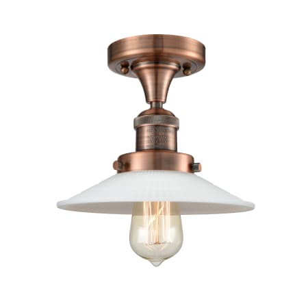 A large image of the Innovations Lighting 517-1CH Halophane Antique Copper / Matte White