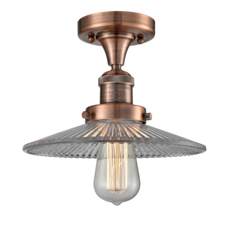 A large image of the Innovations Lighting 517-1CH Halophane Antique Copper / Halophane