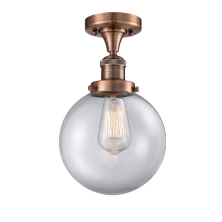 A large image of the Innovations Lighting 517-1CH-8 Beacon Antique Copper / Clear