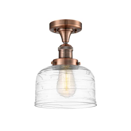 A large image of the Innovations Lighting 517-1CH-12-8 Bell Semi-Flush Antique Copper / Clear Deco Swirl