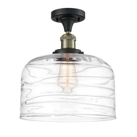 A large image of the Innovations Lighting 517-1CH-12-12-L Bell Semi-Flush Black Antique Brass / Clear Deco Swirl