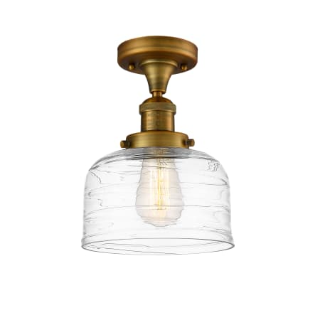 A large image of the Innovations Lighting 517-1CH-12-8 Bell Semi-Flush Brushed Brass / Clear Deco Swirl