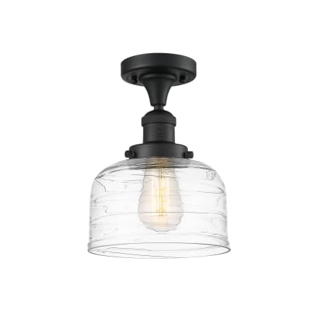 A large image of the Innovations Lighting 517-1CH-12-8 Bell Semi-Flush Matte Black / Clear Deco Swirl