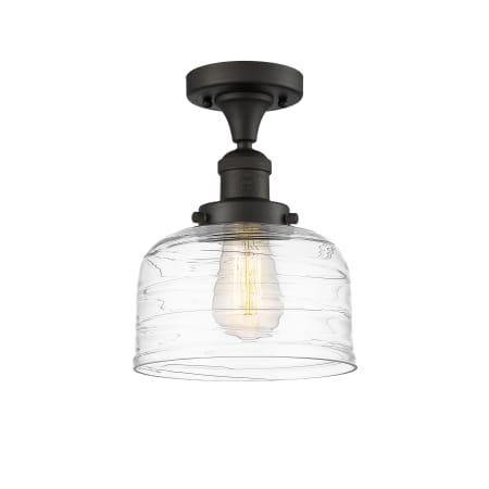 A large image of the Innovations Lighting 517-1CH-12-8 Bell Semi-Flush Oil Rubbed Bronze / Clear Deco Swirl