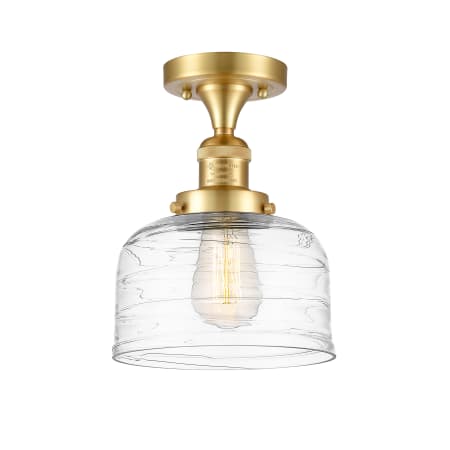 A large image of the Innovations Lighting 517-1CH-12-8 Bell Semi-Flush Satin Gold / Clear Deco Swirl