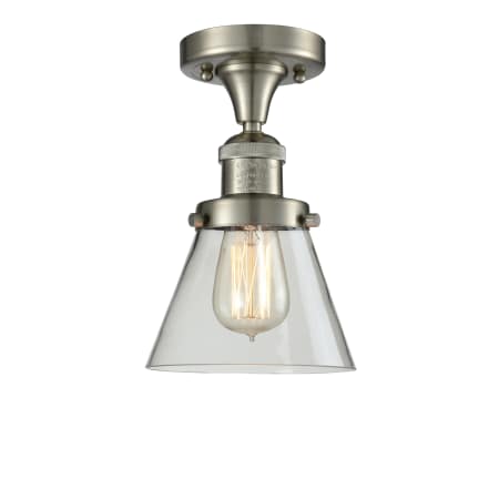 A large image of the Innovations Lighting 517-1CH Small Cone Brushed Satin Nickel / Clear