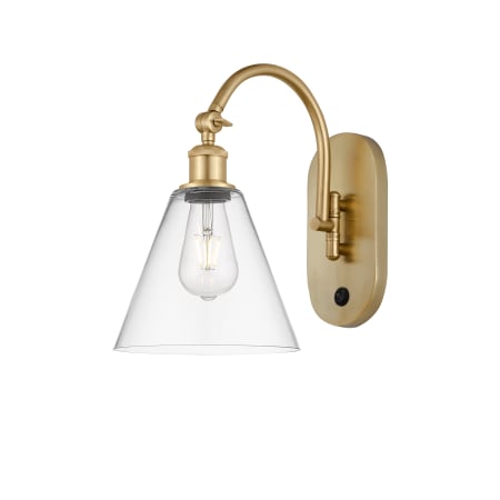 A large image of the Innovations Lighting 518-1W-14-8 Berkshire Sconce Satin Gold / Clear