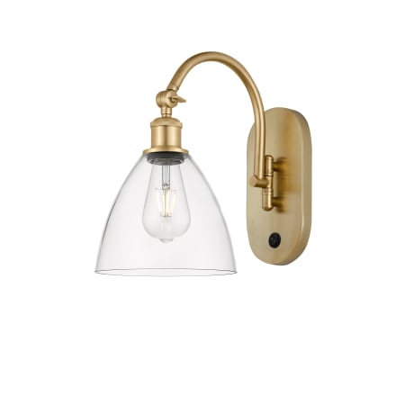 A large image of the Innovations Lighting 518-1W-13-8 Bristol Sconce Satin Gold / Clear