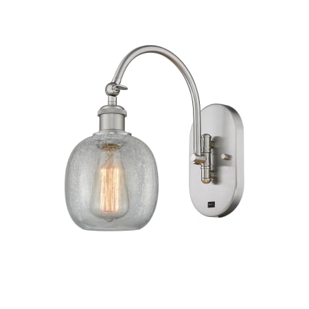 A large image of the Innovations Lighting 518-1W-13-6 Belfast Sconce Brushed Satin Nickel / Clear Crackle
