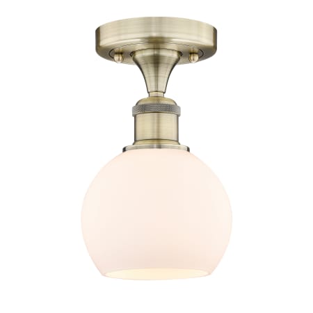 A large image of the Innovations Lighting 616-1F-9-6 Athens Semi-Flush Antique Brass / Matte White