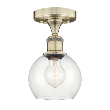 A large image of the Innovations Lighting 616-1F-9-6 Athens Semi-Flush Antique Brass / Clear