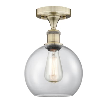A large image of the Innovations Lighting 616-1F-11-8 Athens Semi-Flush Antique Brass / Clear