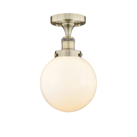 A large image of the Innovations Lighting 616-1F-9-8 Beacon Semi-Flush Antique Brass / Matte White