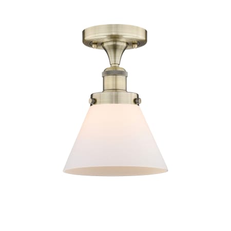 A large image of the Innovations Lighting 616-1F-10-8 Cone Semi-Flush Antique Brass / Matte White