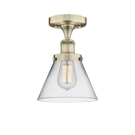 A large image of the Innovations Lighting 616-1F-10-8 Cone Semi-Flush Antique Brass / Clear