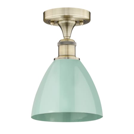 A large image of the Innovations Lighting 616-1F-11-8 Plymouth Dome Semi-Flush Antique Brass / Seafoam