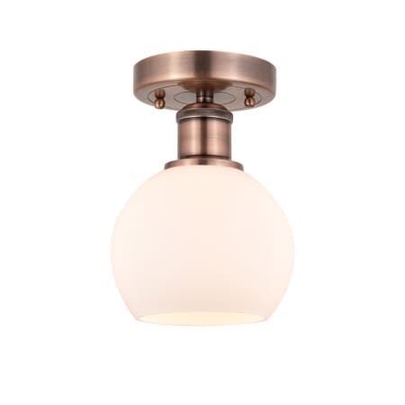 A large image of the Innovations Lighting 616-1F-9-6 Athens Semi-Flush Antique Copper / Matte White