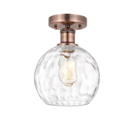 A large image of the Innovations Lighting 616-1F-11-8 Athens Water Glass Semi-Flush Antique Copper / Clear Water Glass