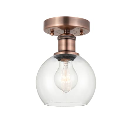 A large image of the Innovations Lighting 616-1F-9-6 Athens Semi-Flush Antique Copper / Clear