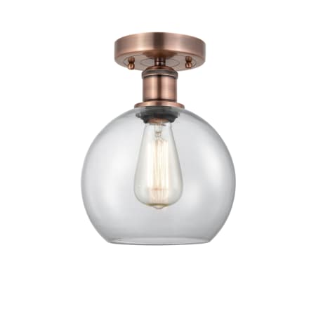 A large image of the Innovations Lighting 616-1F-11-8 Athens Semi-Flush Antique Copper / Clear