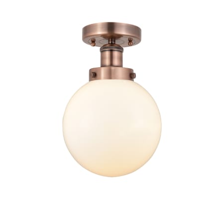 A large image of the Innovations Lighting 616-1F-9-8 Beacon Semi-Flush Antique Copper / Matte White