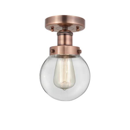 A large image of the Innovations Lighting 616-1F-9-6 Beacon Semi-Flush Antique Copper / Clear