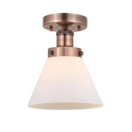 A large image of the Innovations Lighting 616-1F-10-8 Cone Semi-Flush Antique Copper / Matte White
