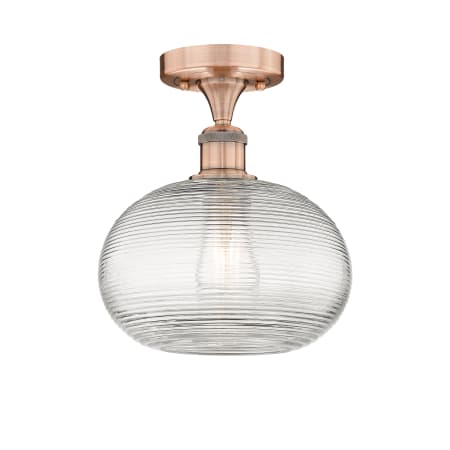 A large image of the Innovations Lighting 616-1F-10-10-Ithaca-Indoor Ceiling Fixture Antique Copper / Clear Ithaca