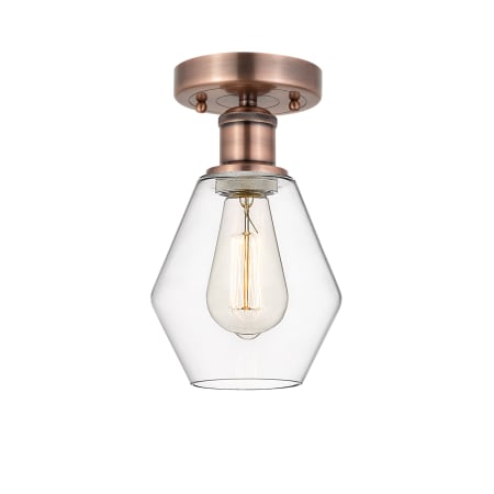 A large image of the Innovations Lighting 616-1F-11-6 Cindyrella Semi-Flush Antique Copper / Clear