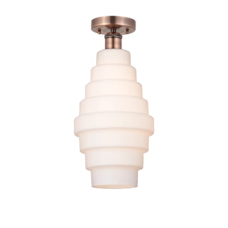 A large image of the Innovations Lighting 616-1F-18-8 Cascade Flush Antique Copper / White