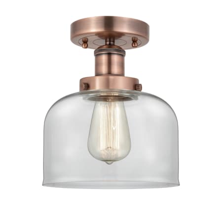 A large image of the Innovations Lighting 616-1F-9-8 Bell Semi-Flush Antique Copper / Clear