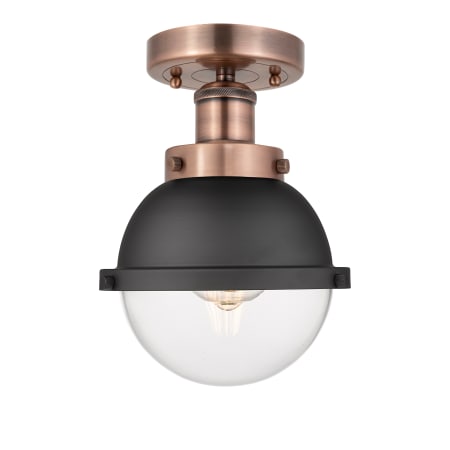 A large image of the Innovations Lighting 616-1F-10-8 Edison Semi-Flush Antique Copper / Matte Black / Clear