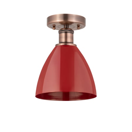 A large image of the Innovations Lighting 616-1F-11-8 Plymouth Dome Semi-Flush Antique Copper / Red