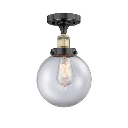 A large image of the Innovations Lighting 616-1F-9-8 Beacon Semi-Flush Black Antique Brass / Clear