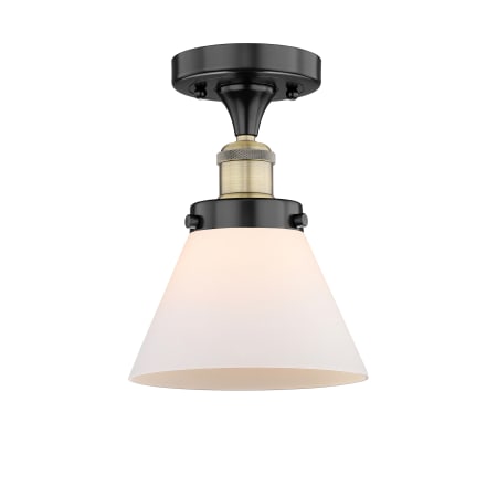 A large image of the Innovations Lighting 616-1F-10-8 Cone Semi-Flush Black Antique Brass / Matte White